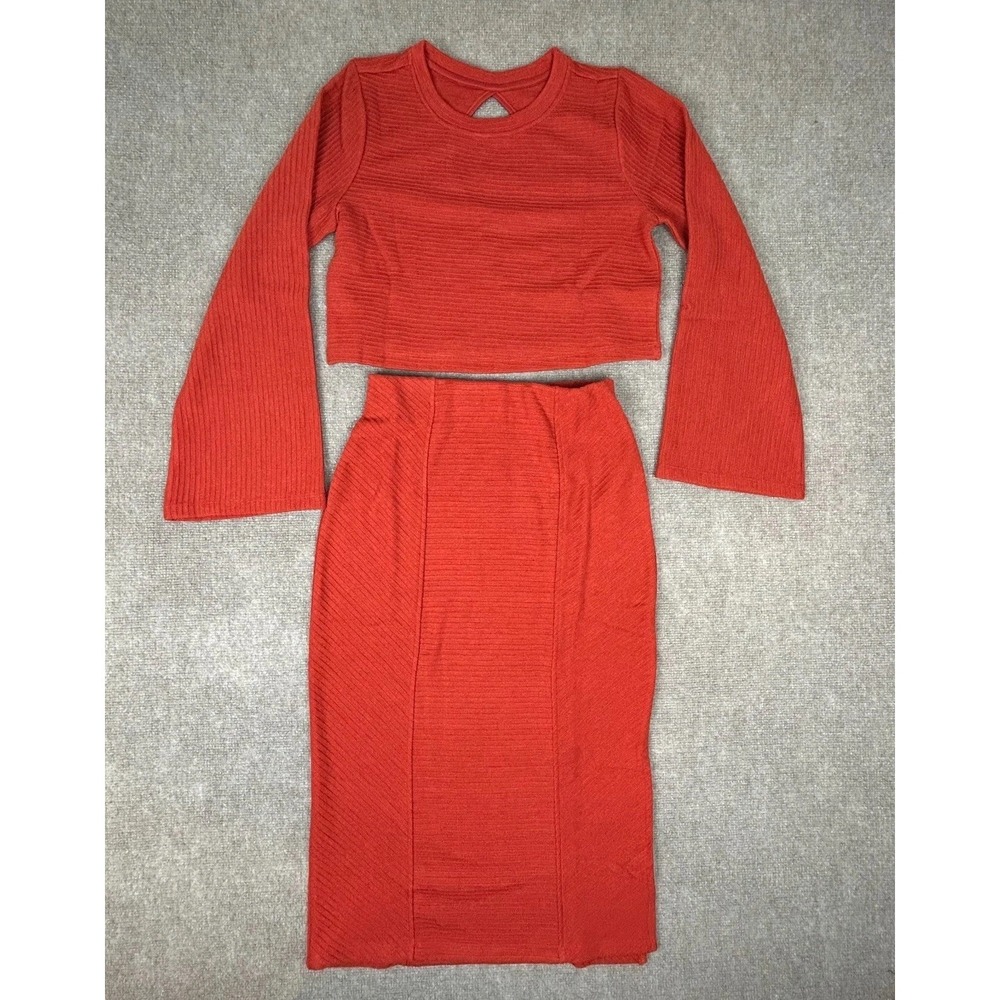 Band Of The Free 2 Piece Skirt Set Womens Medium Rust Keyhole Back Bell Sleeve